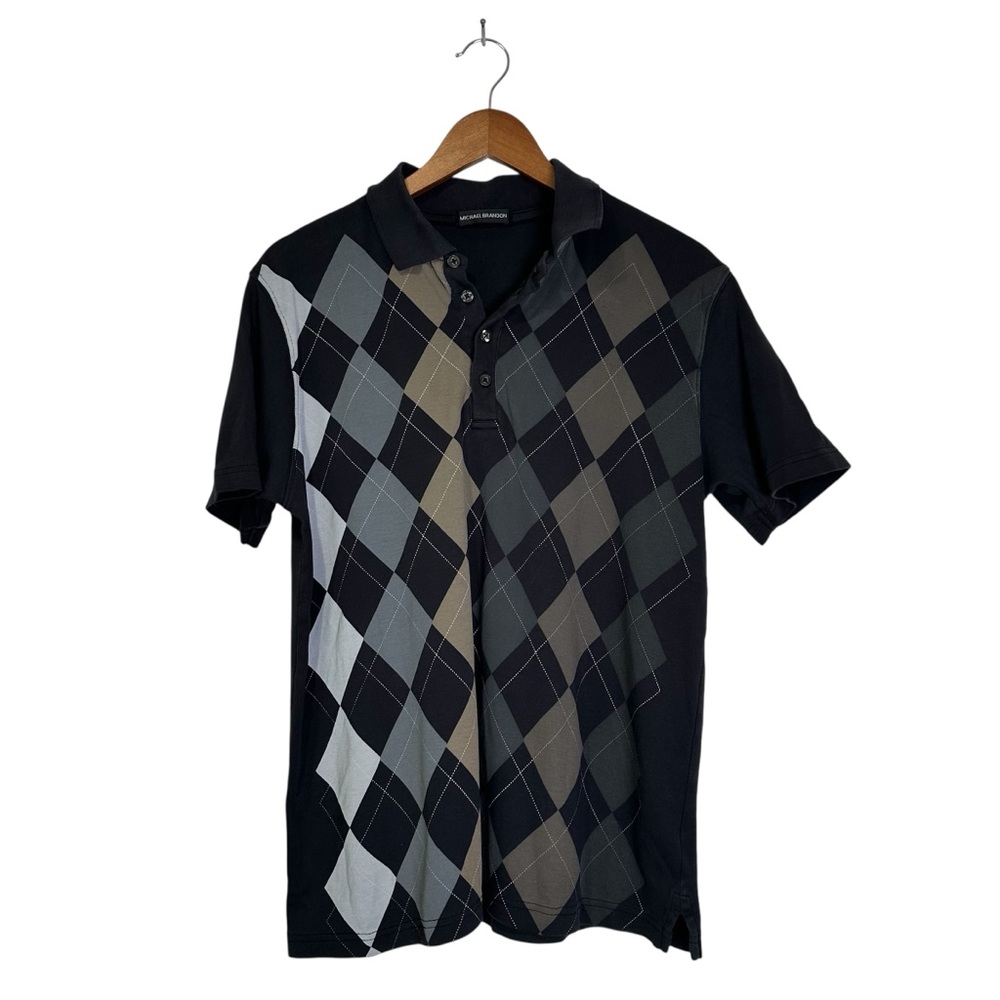Michael Brandon Men’s Medium Navy Blue Old Money Preppy Golf Argyle Pattern Polo